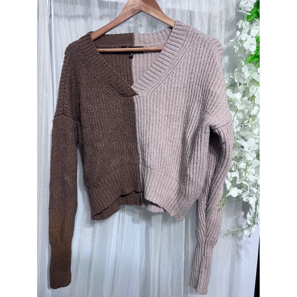 37 Orchard Womens Split Color Ribbed Knit V-Neck Cropped Sweater Brown Beige M